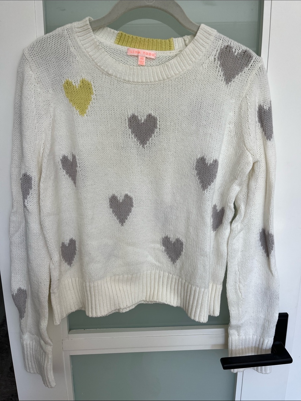 kate spade Cream Crewneck Sweater with Gray and Yellow Hearts